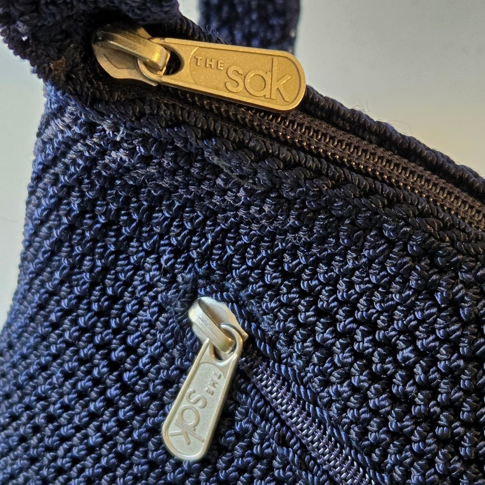 The Sak Navy Blue Crochet Crossbody Bag Woven Zip Top Small Shoulder Bag
